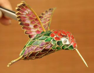 Old Cloisonne Hand Painting Hummingbird Bird Statue Netsuke Pendant Decoration