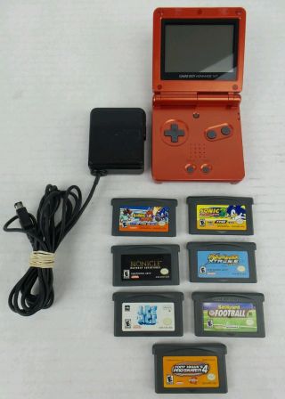 Vintage 2002 Nintendo Game Boy Advance Sp Red Flame System,  7games