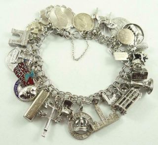 Vintage Sterling Silver Charm Bracelet With Safety Chain And 24 Charms
