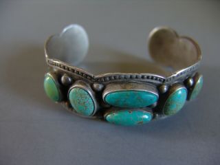 Large And Heavy Vintage Navajo Silver And Turquoise Bracelet With 6 Stones