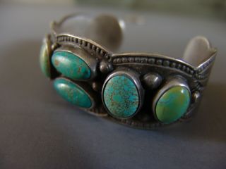 Large and Heavy Vintage Navajo Silver and Turquoise Bracelet with 6 Stones 5