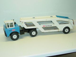 Vintage Mighty Tonka Car Carrier Semi Truck,  Pressed Steel,  Blue White