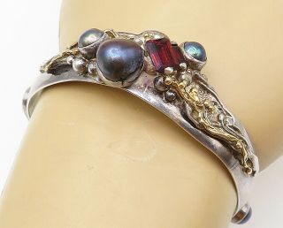 925 Silver & 14k Gold - Vintage Blue Pearl & Garnet Two Tone Bracelet - B5108