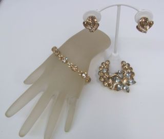Vintage Eisenberg Ice Bracelet Pin And Earrings Set 3 Piece Set Clear Topaz Gold