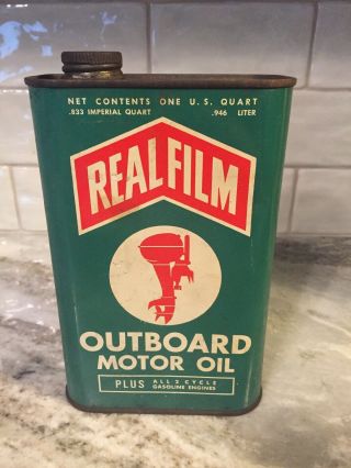 Vintage Realfilm Outboard Motor Oil Can Great Graphics Rare Flat Imperial Quart