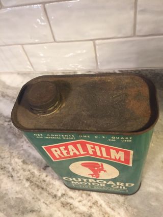 Vintage RealFilm Outboard Motor Oil Can Great Graphics Rare Flat Imperial Quart 2