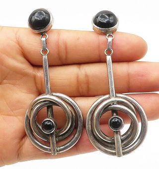 Dulce Mexico 925 Silver - Vintage Black Onyx Modernist Drop Earrings - E5349