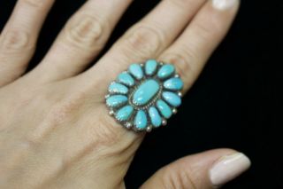Vintage J & E Wilson Navajo Sterling Silver Turquoise Flower Ring Sz 9