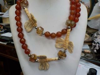 1 Of A Kind 40 " Vintage Carnelian Beaded Necklace With Carved Dragonflies