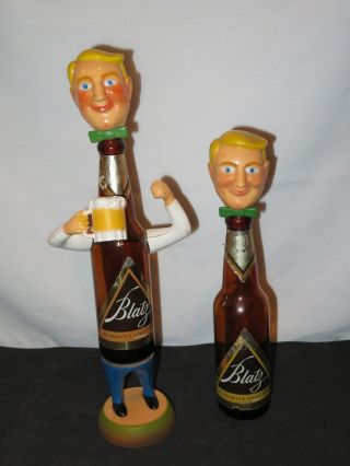 2 Vintage Blatz Beer Bottle Man Advertising Figure S