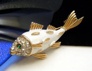Crown Trifari Figural Fish Pin Pave Rhinestones White Enamel Green Glass Eye