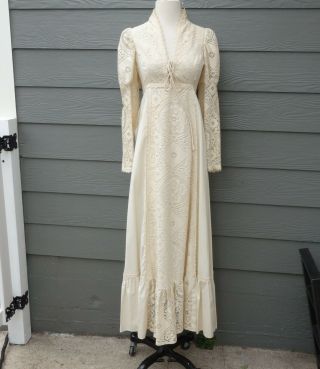 Vtg Gunne Sax Ivory Cotton Lace Edwardian Dress Wedding Prairie Corset Puff 9