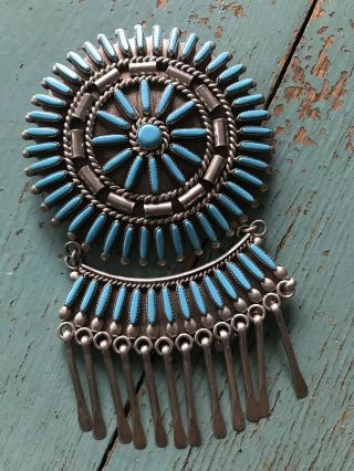 Huge Vintage Signed Zuni Turquoise Needlepoint Brooch Pendant Sterling Silver