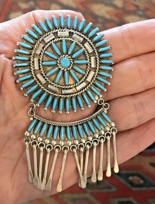 Huge Vintage Signed Zuni Turquoise Needlepoint Brooch Pendant Sterling Silver 2