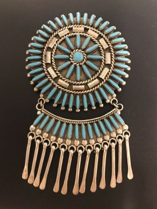 Huge Vintage Signed Zuni Turquoise Needlepoint Brooch Pendant Sterling Silver 5