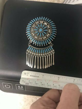 Huge Vintage Signed Zuni Turquoise Needlepoint Brooch Pendant Sterling Silver 7