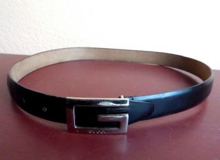 Gucci Vintage Black Leather G Belt Slim Skinny Made In Italy 28 30 " Silver Euc