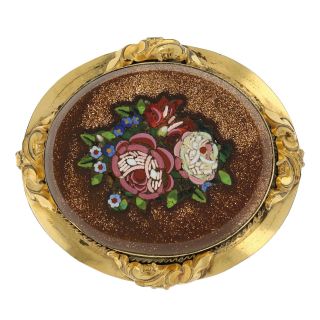 Micro Mosaic Set In Goldstone Vintage Brooch - Gold Filled Oval Floral Bouquet