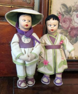 Antique Wool Felt Cloth Dolls Pair 8 " Lenci Type