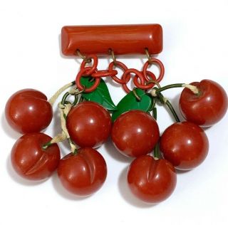 Vintage Bakelite Ruby Red Carved Cherries Dangle Pin Brooch