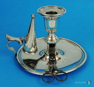 Elegant George Iii Old Sheffield Plate Chamber Candlestick C1800 With Snuffers