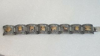 Vintage Peruvian 925 Sterling Silver And 18k Gold Link Inca Bracelet Peru