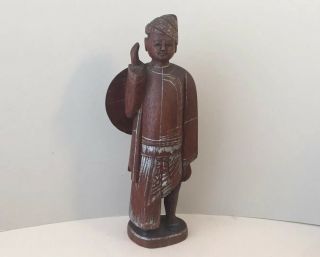 Vintage Carved Wooden Figurine With Shield - Indian,  Indonesian? Painted Details