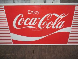 Rare Vintage Enjoy Coca - Cola red and white stripes metal sign.  34 3/14 X 12 3/4 2