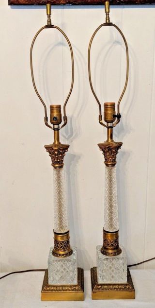 Gorgeous Pair Vintage Lamps Diamond Cut Glass Corinthian Column Brass 33 " Tall