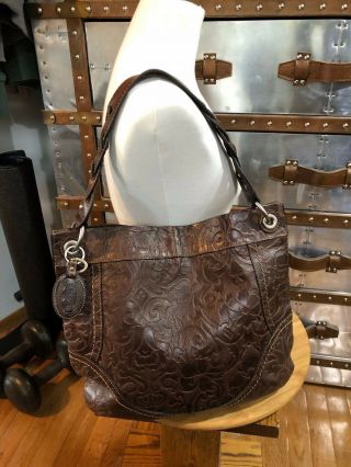 Fossil Leather Paisley Embossed Long Live Vintage Tote Bag Brown