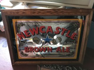 Vintage Newcastle Brown Ale Beer Sign Mirror Glass Wood Breweriana