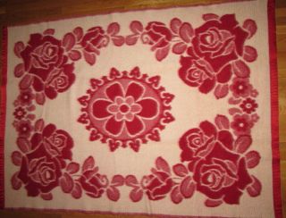 Vtg Shuang Vang Bei Jing Red White Floral Wool Throw Twin Blanket Wbinding 57x83