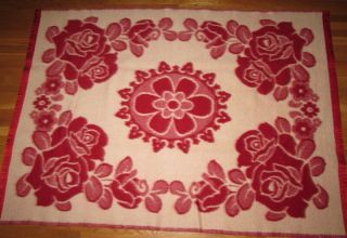 Vtg SHUANG VANG Bei Jing Red White Floral Wool Throw Twin Blanket wBinding 57x83 2