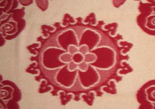 Vtg SHUANG VANG Bei Jing Red White Floral Wool Throw Twin Blanket wBinding 57x83 4