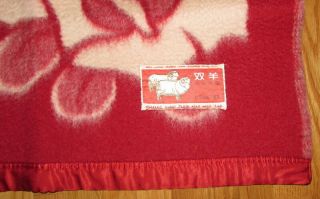 Vtg SHUANG VANG Bei Jing Red White Floral Wool Throw Twin Blanket wBinding 57x83 5