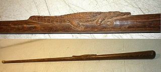 Antique Dense Wood Cane W/ Carved Alligator On Shaft.  Hard Wood Walking Stick