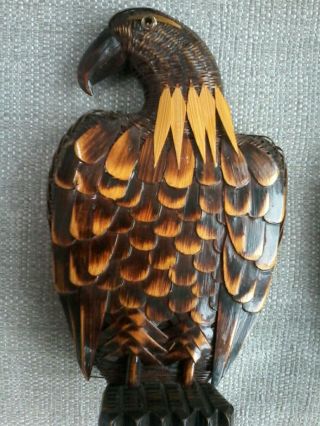 CHINESE WOODEN CARVED AND WOVEN WICKER EAGLES.  VINTAGE.  H 22.  5CM. 2