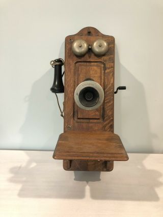 Antique 1901 Kellogg Oak Wood Case Wall Phone Crank & Bell Chicago Complete