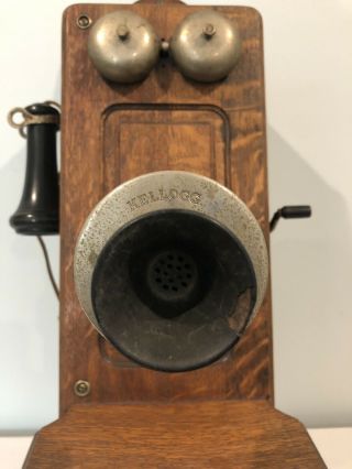 Antique 1901 Kellogg Oak Wood Case Wall Phone crank & bell Chicago Complete 2