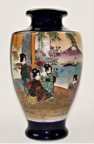 Large Antique 19c/20thc Japenese Meiji Shimazu Geisha Cobalt Blue Satsuma Vase