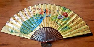 Huge 70” Vintage Oriental / Asian Hand Painted Bamboo Paper Wall Fan Art–signed