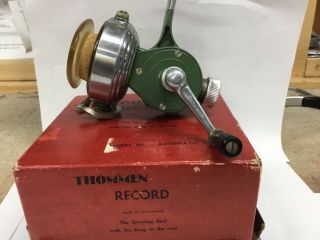 Antique Thommen Record Model 50b Swiss Made Spinning Reel With Full Bail And Box