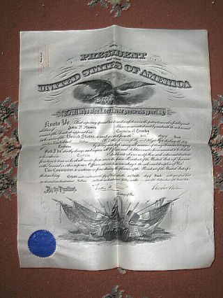 Antique 1913 U.  S.  Military Commission Document Signed President Woodrow Wilson