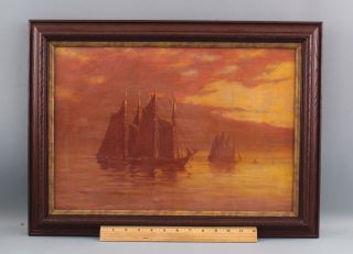 Antique C.  Myron Clark American Luminist Sunset Maritime Seascape Oil Painting