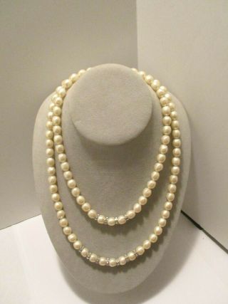 Necklace Yves Saint Laurent Double Strand Faux Pearls Clear Rhinestones Ysl