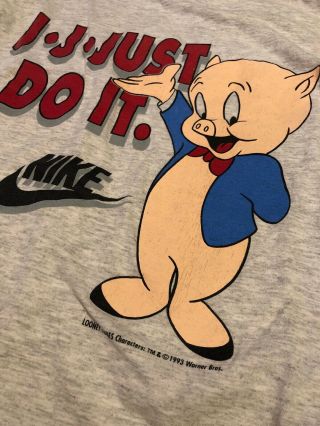 VTG Nike Porky Pig J.  J.  JUST DO IT 93 Looney Tunes T - Shirt Tee Shirt Med 1993 OG 2