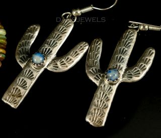 Sand Cast Old Pawn Vintage Zuni Navajo Denim Lapis Cactus Dangle Earrings