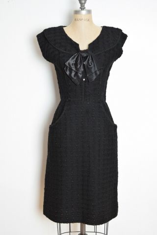 Vintage 60s Dress Black Wool Satin Sailor Bow Mid Century Pinup Dress S