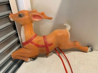 Vintage Large Blow Mold Santas Reindeer For Sleigh W/ Two Straps