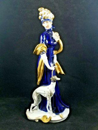Vintage Kpm Berlin Porcelain Art Deco/ Nouveau Lady W Dog Figurine Cobalt Blue